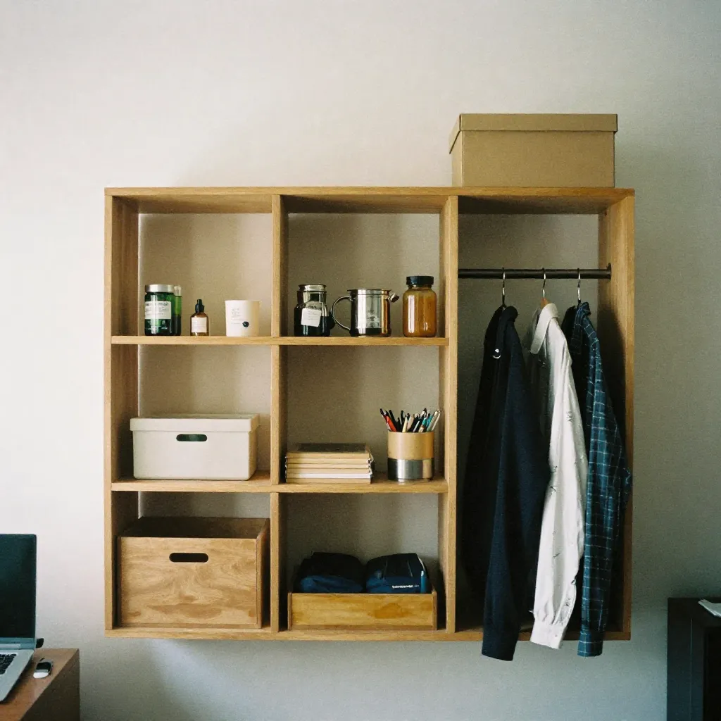 Vertical storage system in modern apartment